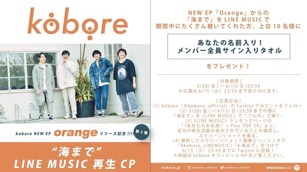 『kobore NEW EP『Orange』リリース記念！第2弾～「“海まで“LINE MUSIC 再生CP」～』
